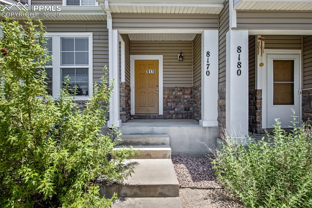 Entrance to property featuring stone siding and covered porch