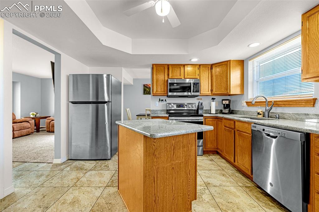 Kitchen featuring stainless steel appliances, ceiling fan, a center island, wood finish cabinets, and recessed lighting