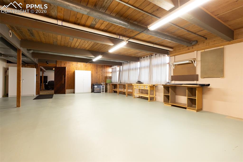 Basement featuring wooden walls and wooden ceiling