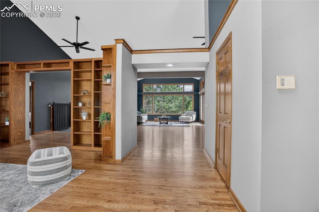Living room featuring ceiling fan, light wood-style floors, and ornamental molding