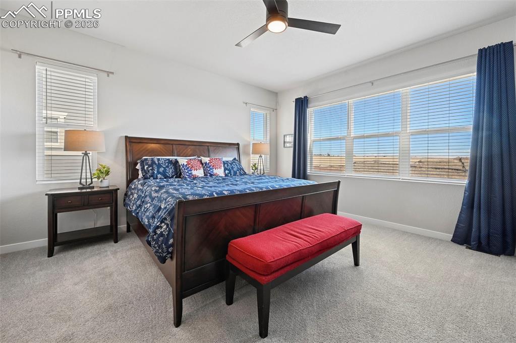 Primary Bedroom featuring light colored carpet and a ceiling fan
