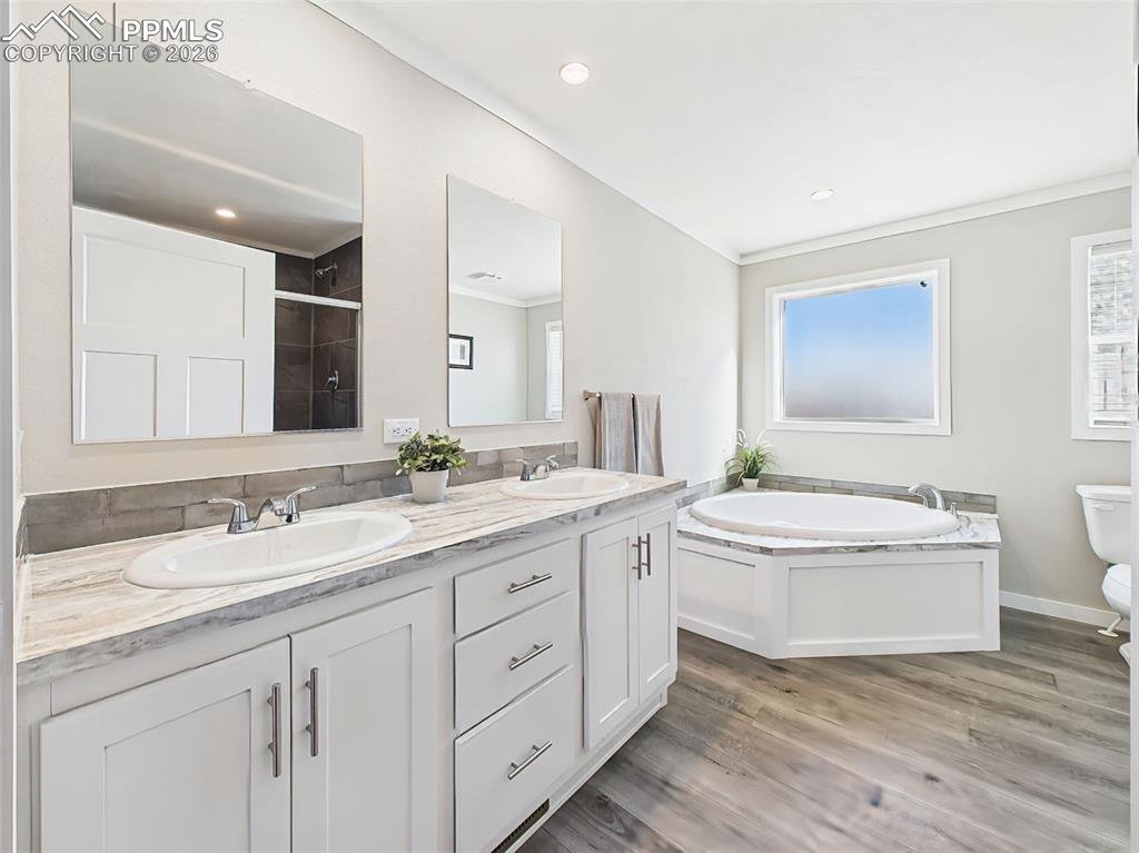 Primary Bathroom – A spa-like retreat with dual vanities, a soaking tub beneath a large frosted window, and a walk-in shower, all accented by modern finishes and neutral tones.