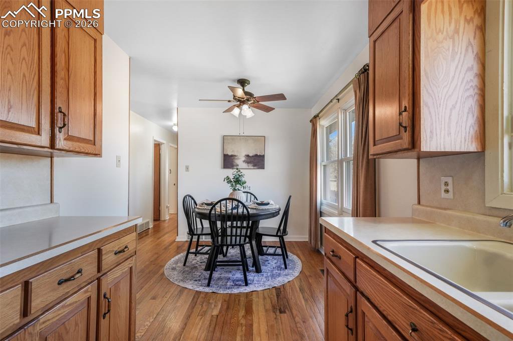 Kitchen overlooking dining area