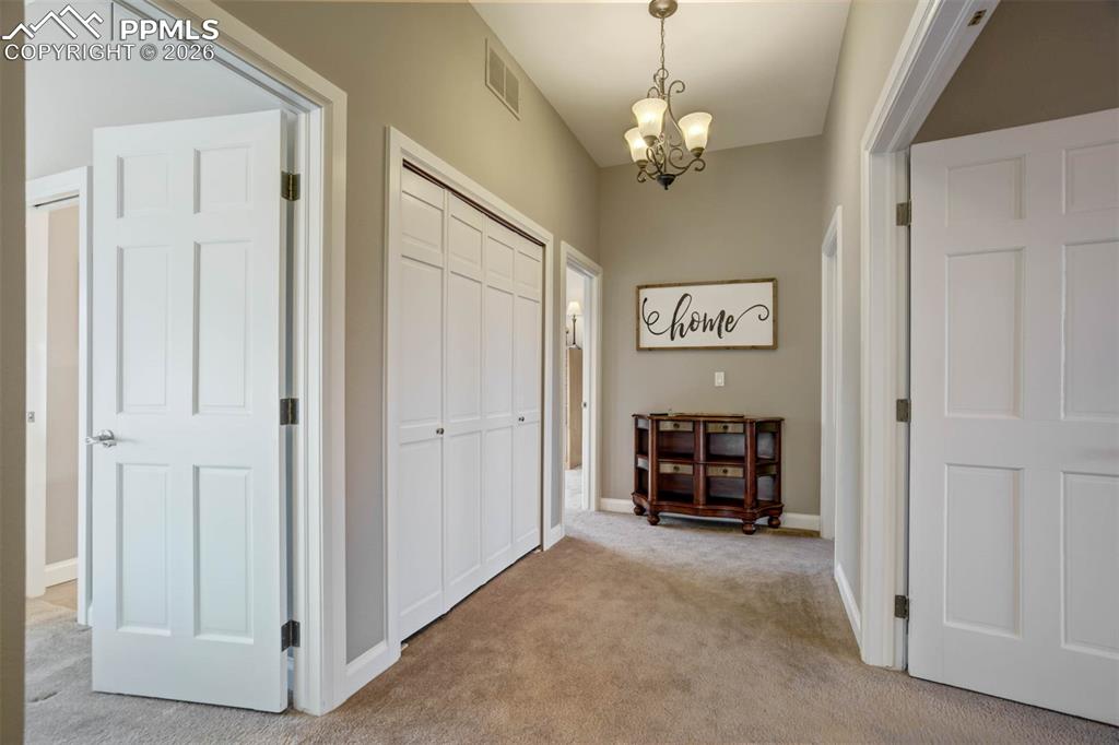Corridor with light carpet and a chandelier. Large double closet with custom storage spaces for all your bathroom and linen needs. 