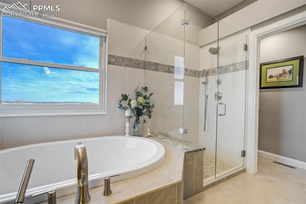 Primary bathroom with large soaking tub, pretty fixtures, large separate show and separate toilet room. 