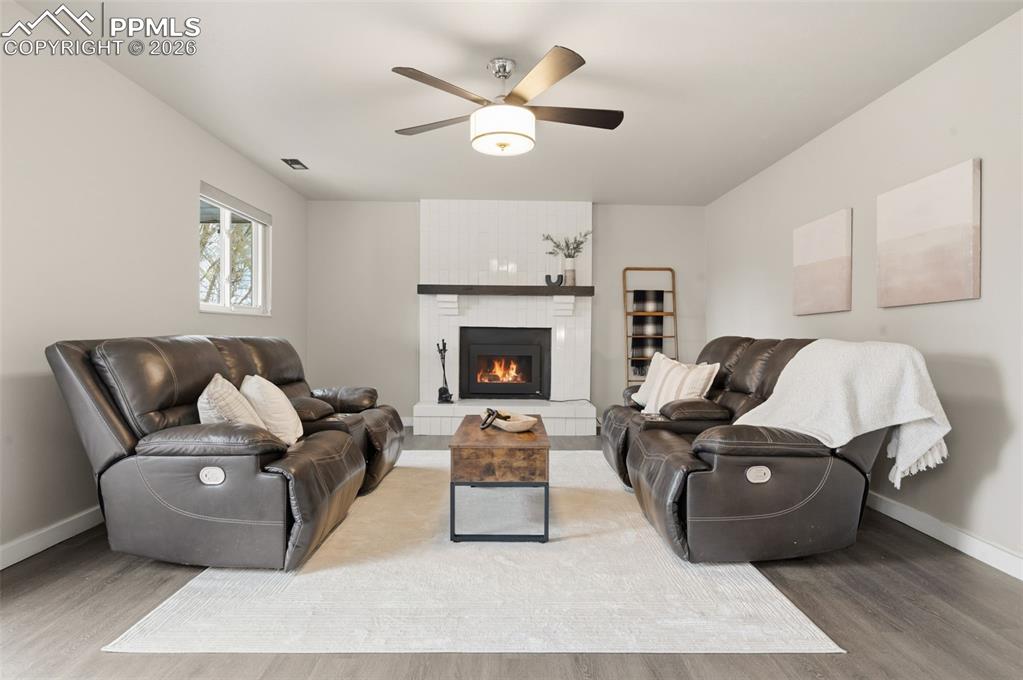 Lower family room with fireplace