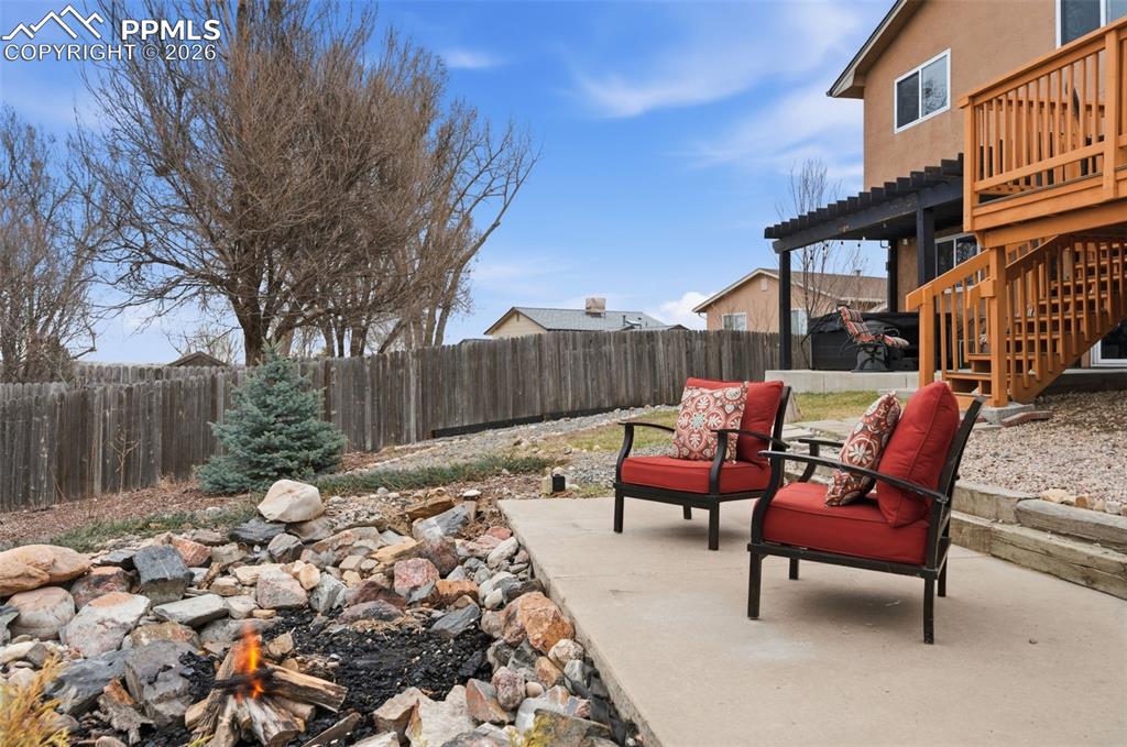 Fenced backyard with fire pit