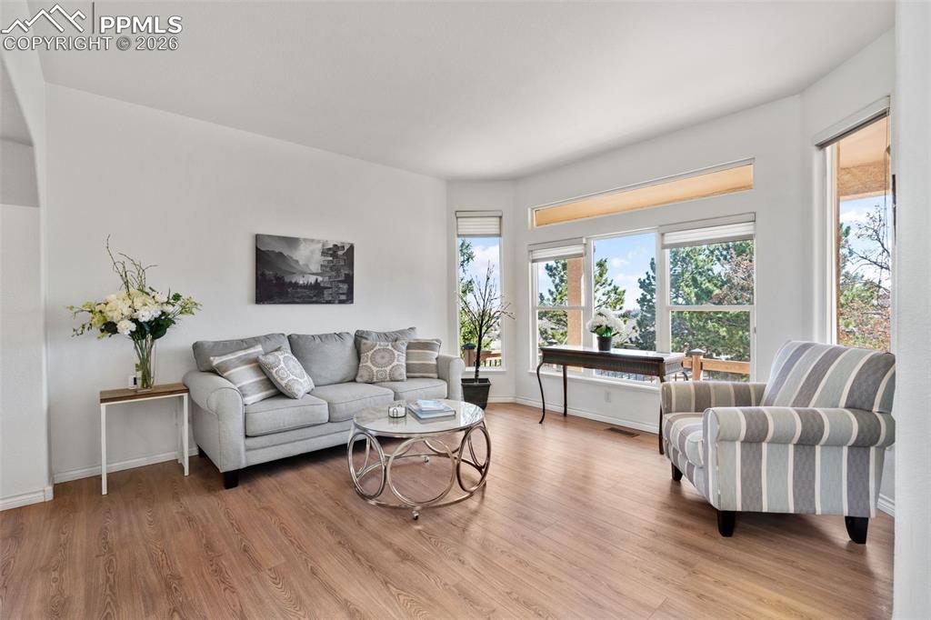 Living room with light wood-type flooring and baseboards