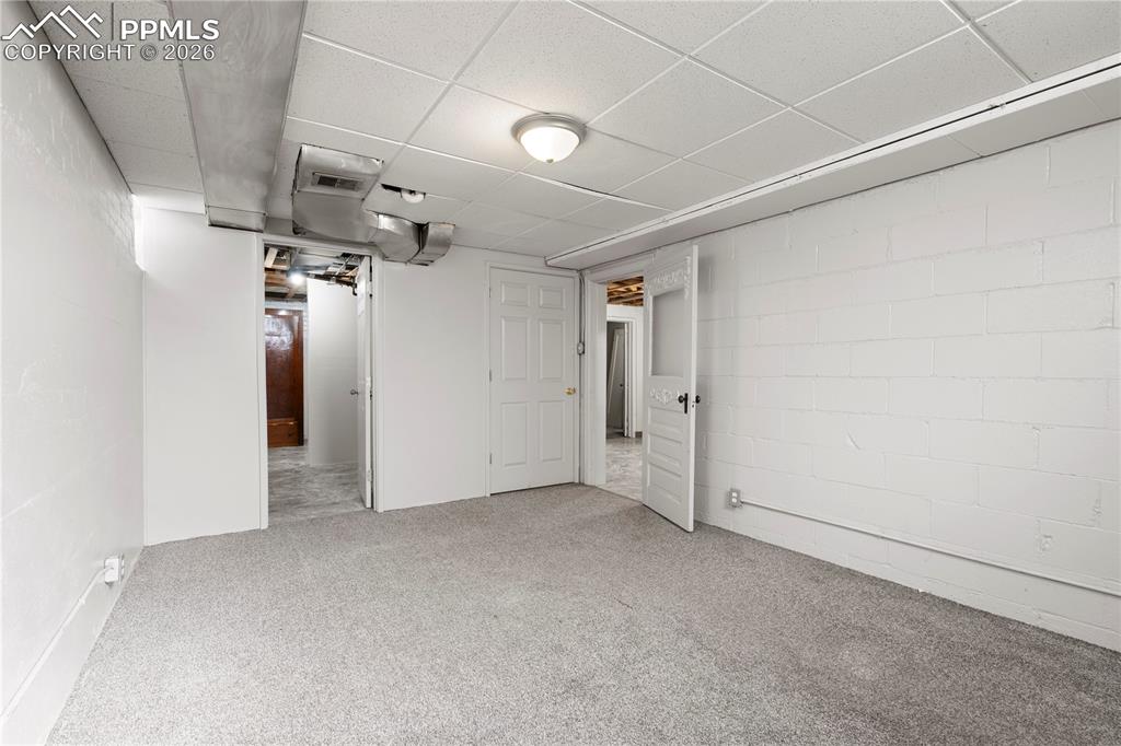 Finished below grade area featuring concrete block wall, carpet, and a paneled ceiling