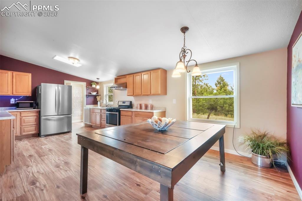 Dining room featuring lofted ceiling, light wood finished floors, and plenty of natural light