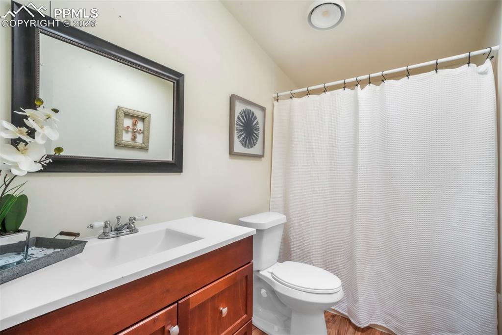 Full bathroom featuring vanity, a shower with curtain, and light wood-style floors