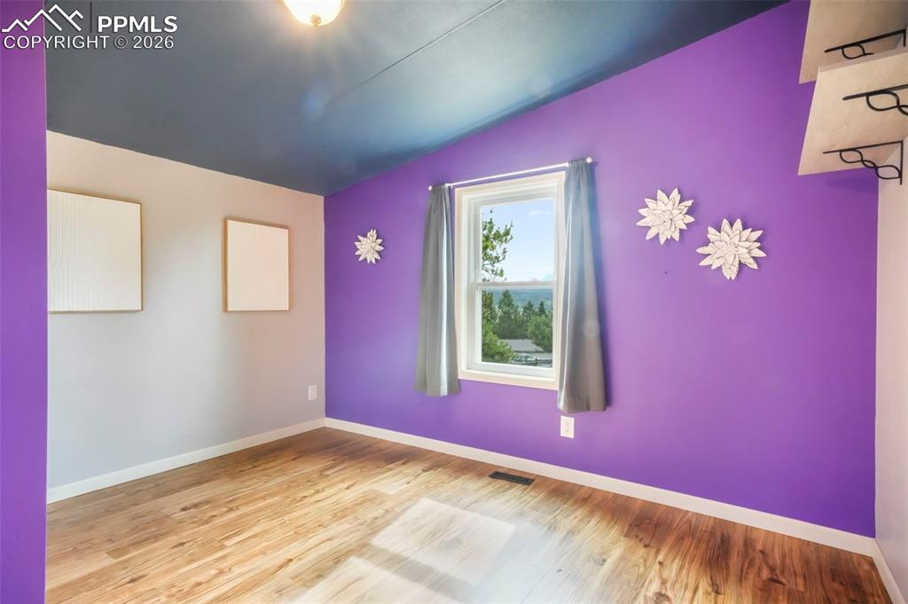 Empty room featuring wood finished floors and lofted ceiling