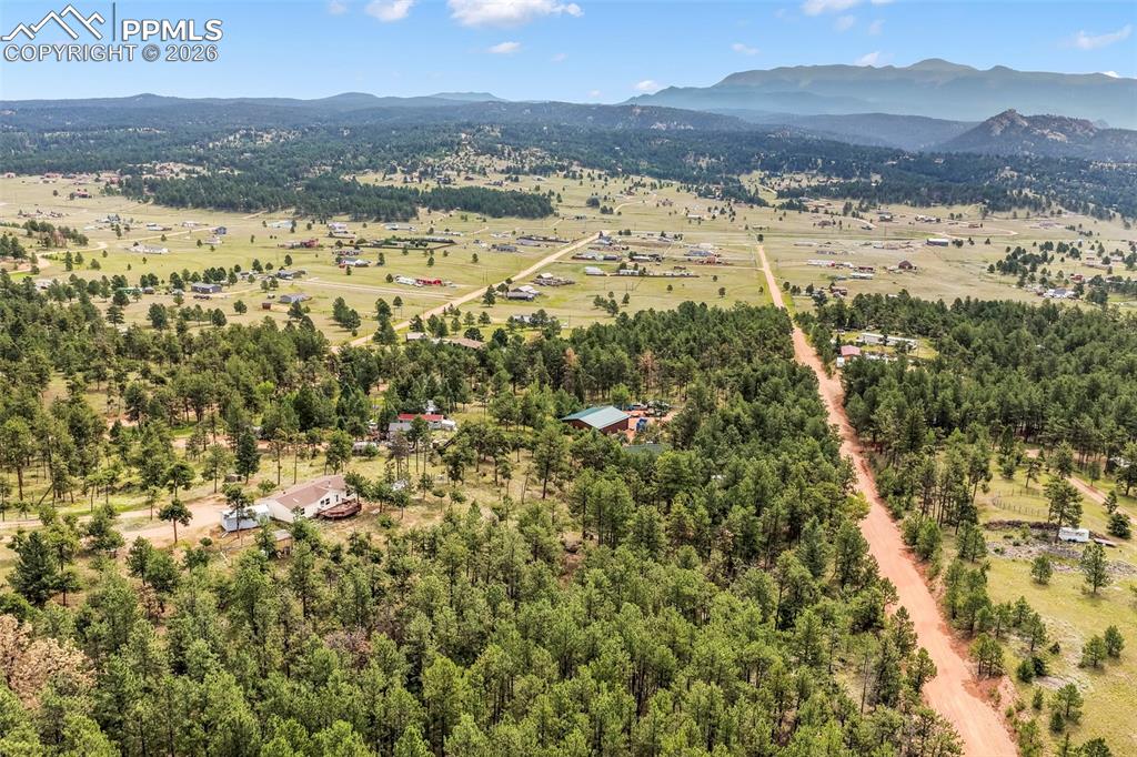 Bird's eye view of a mountain backdrop and a forest