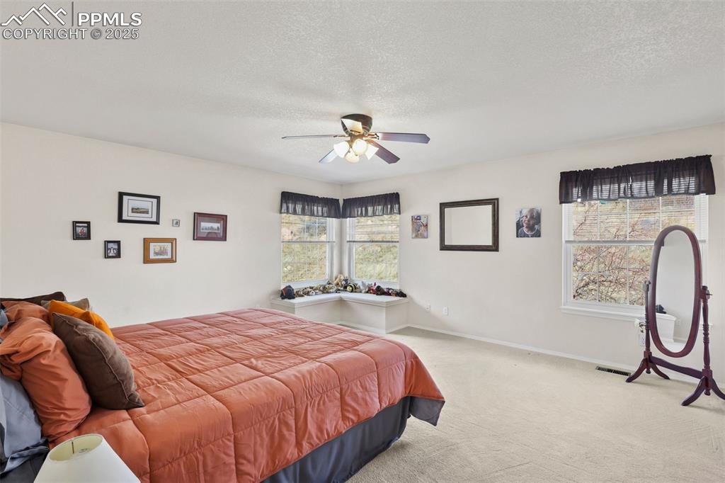 Carpeted bedroom featuring a textured ceiling, multiple windows, and a ceiling fan