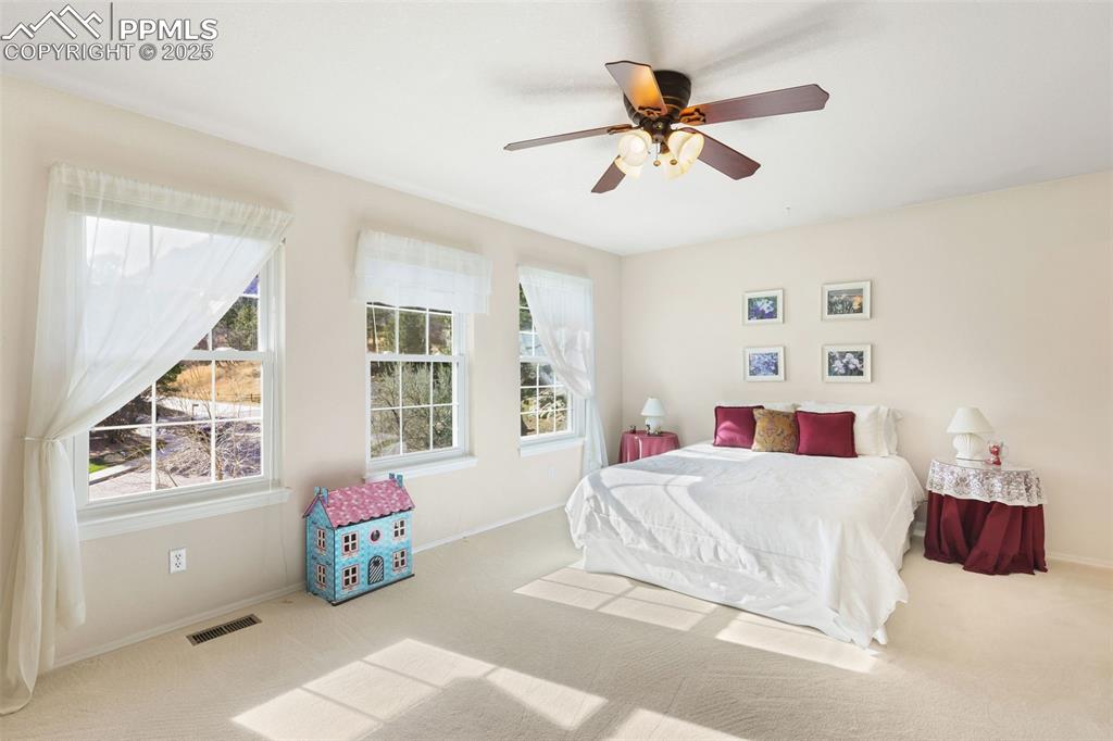 Bedroom with carpet floors and ceiling fan
