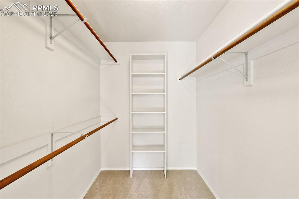 Spacious closet featuring light colored carpet