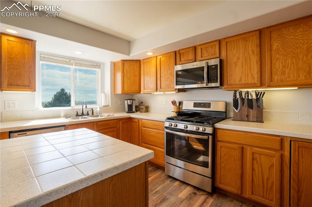 Kitchen with stainless steel appliances, wood finish cabinets, dark wood-style flooring, and recessed lighting
