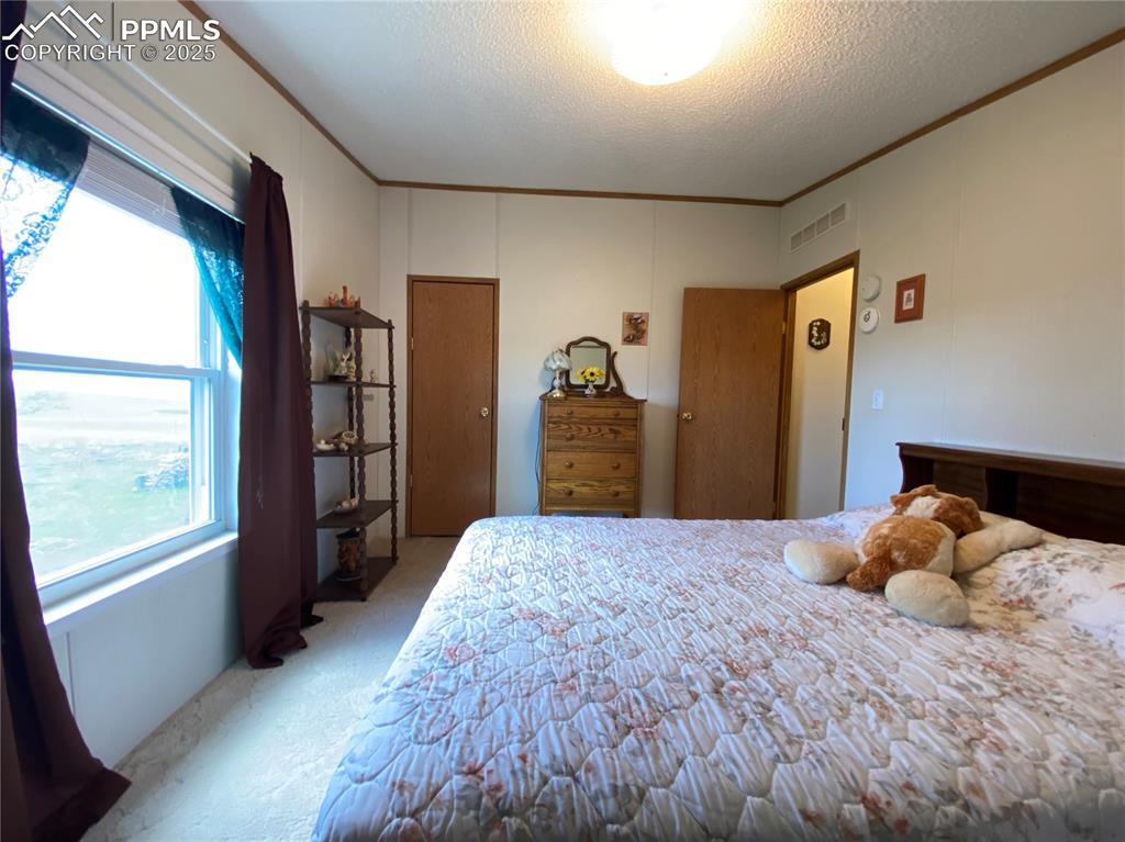 Natural light floods this spacious bedroom, highlighting Colorado country living