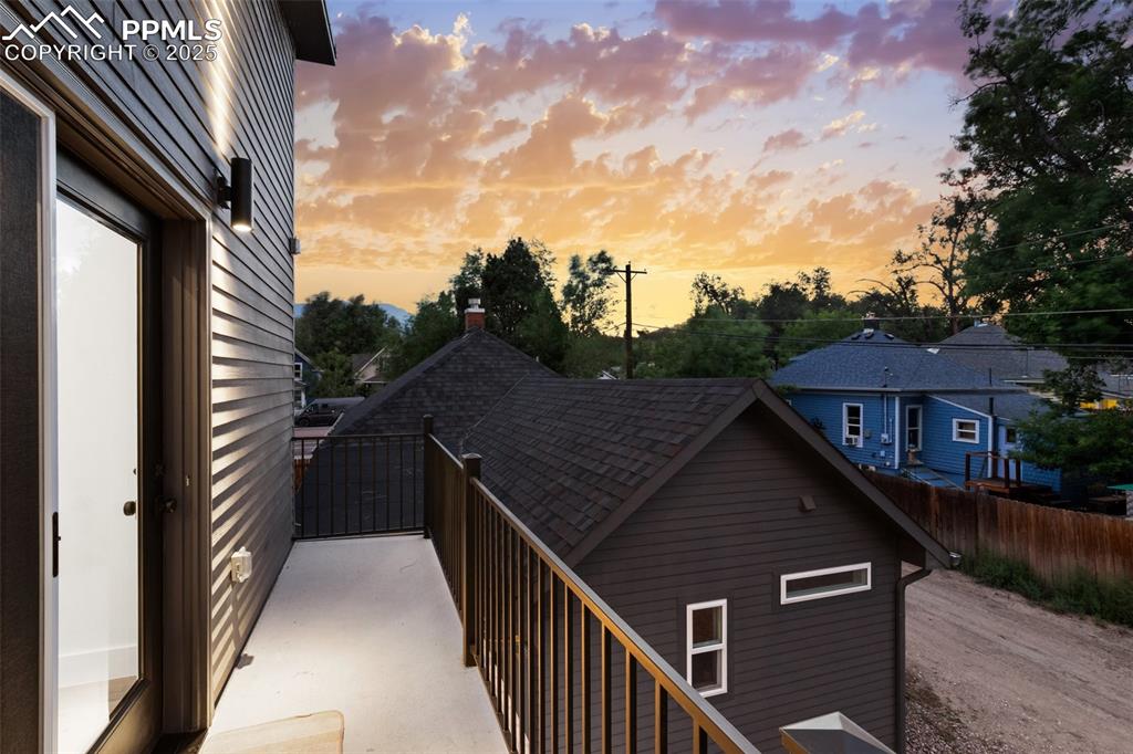 View of balcony at dusk