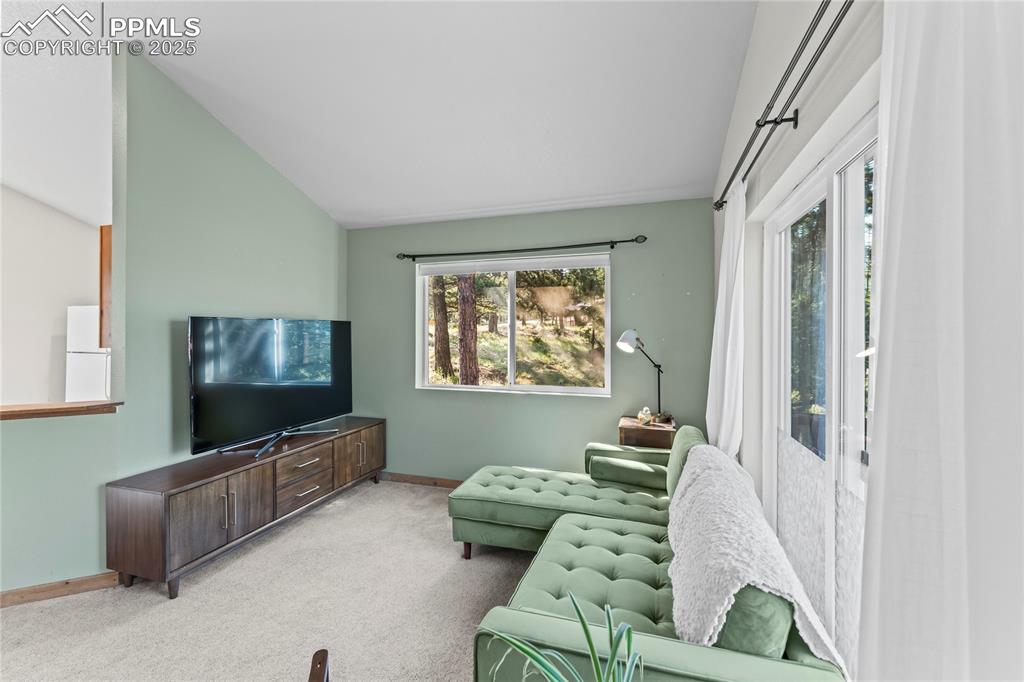 Living room with light colored carpet and lofted ceiling