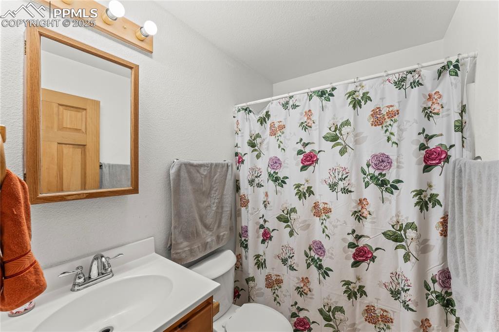 Full bath featuring vanity, a textured wall, and a shower with shower curtain