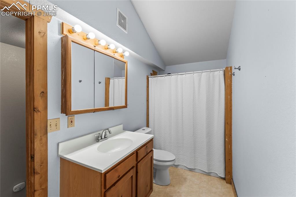 Bathroom with vanity, vaulted ceiling, and curtained shower