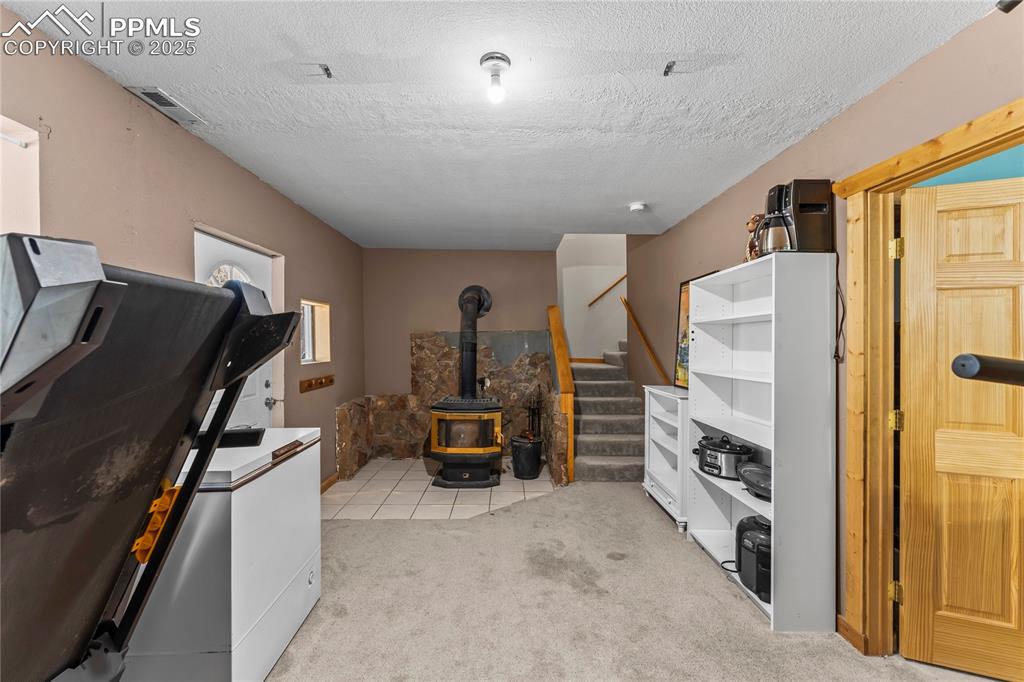 Family room with wood fireplace