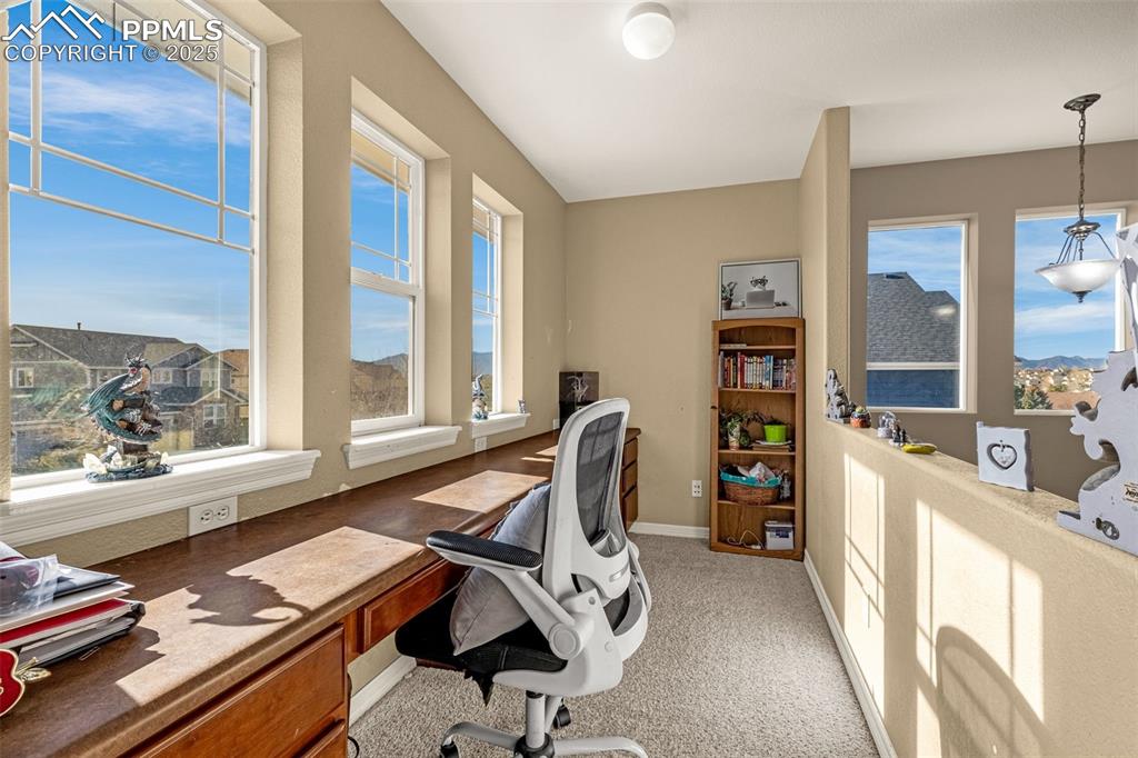 Office featuring light colored carpet and baseboards