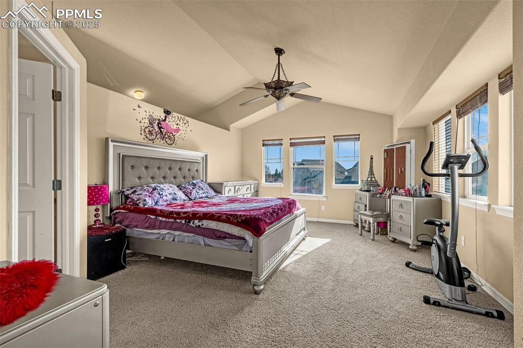 Carpeted bedroom featuring lofted ceiling, multiple windows, and ceiling fan