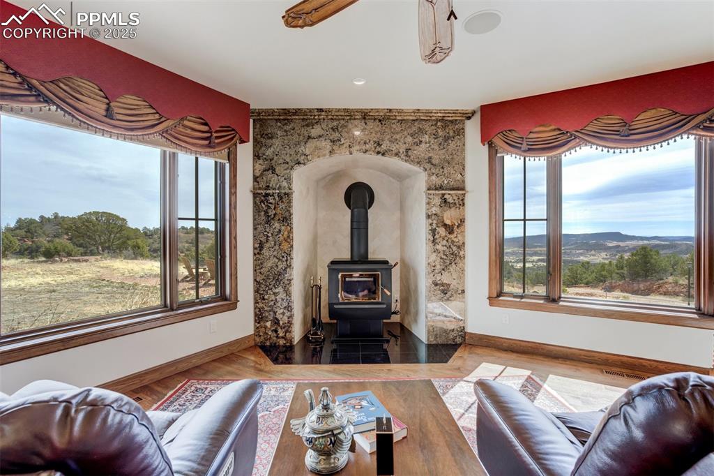 Wood stove with granite surround