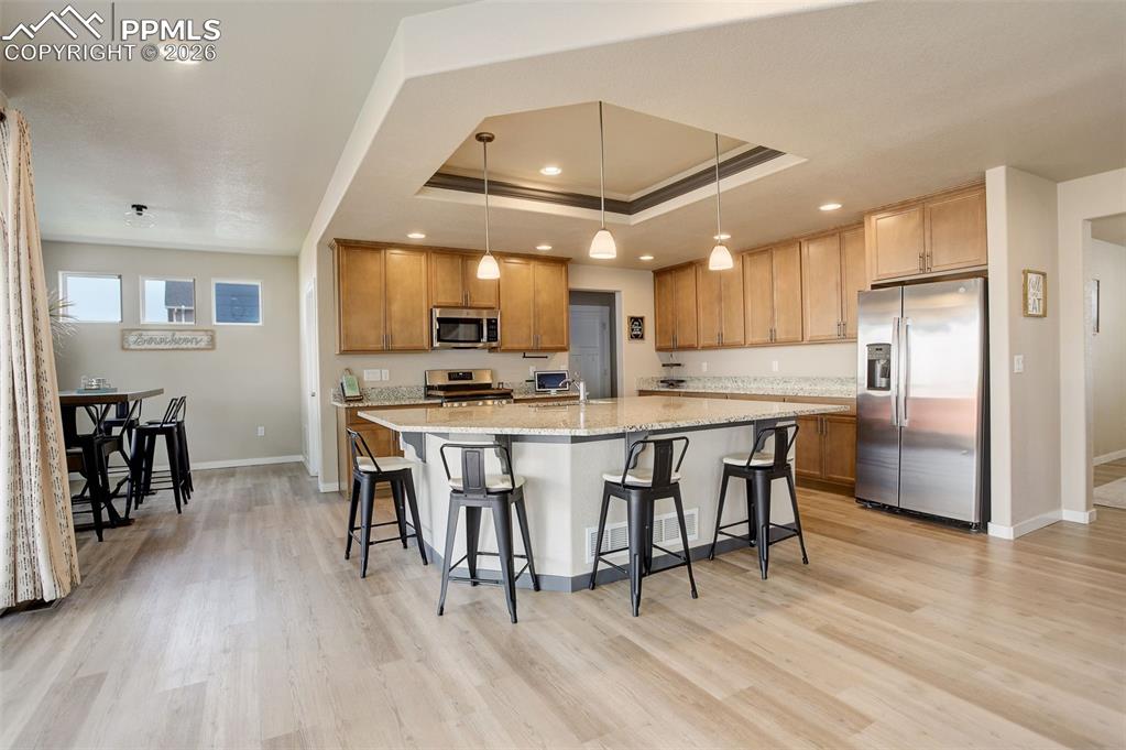 Kitchen with stainless steel appliances, a raised ceiling, a kitchen breakfast bar, light stone counters, and a center island with sink.