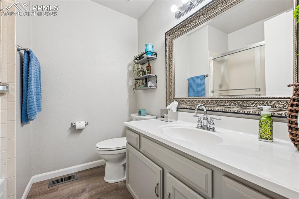 Full bathroom with a shower stall, vanity, and dark wood-type flooring
