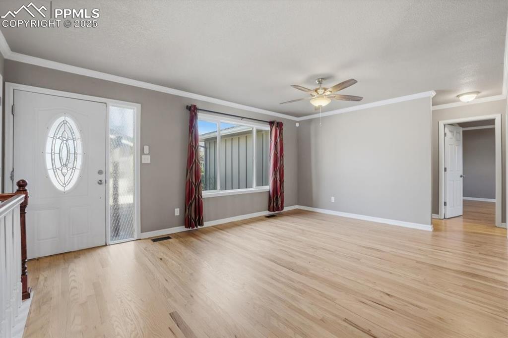 Foyer featuring crown molding, light wood-style floors, a ceiling fan, and a textured ceiling