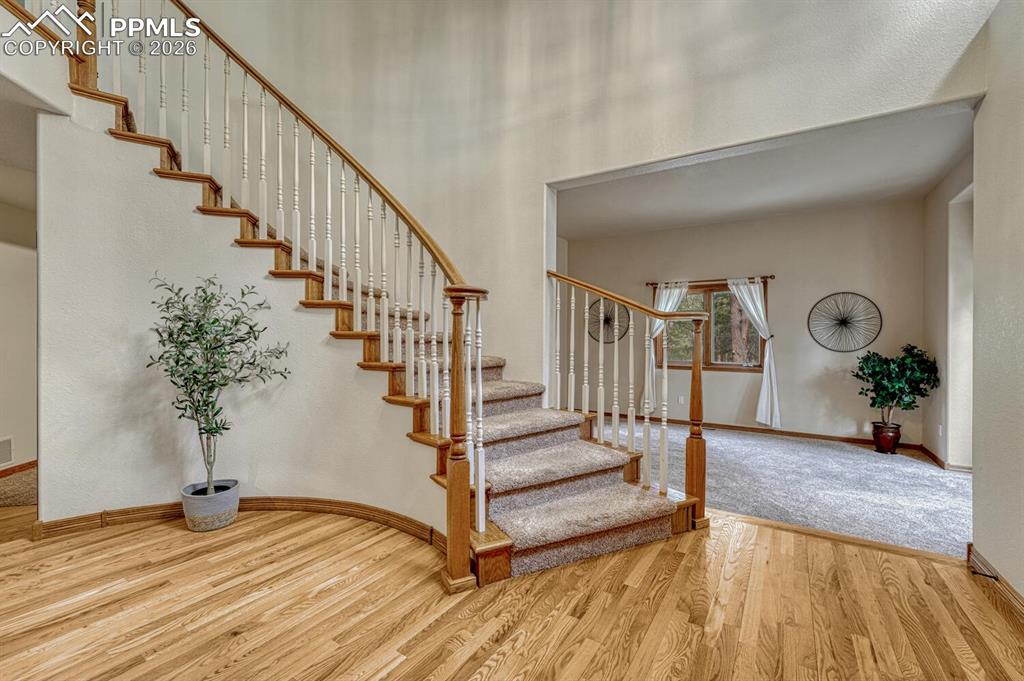 Dramatic spiral staircase to the upper level.