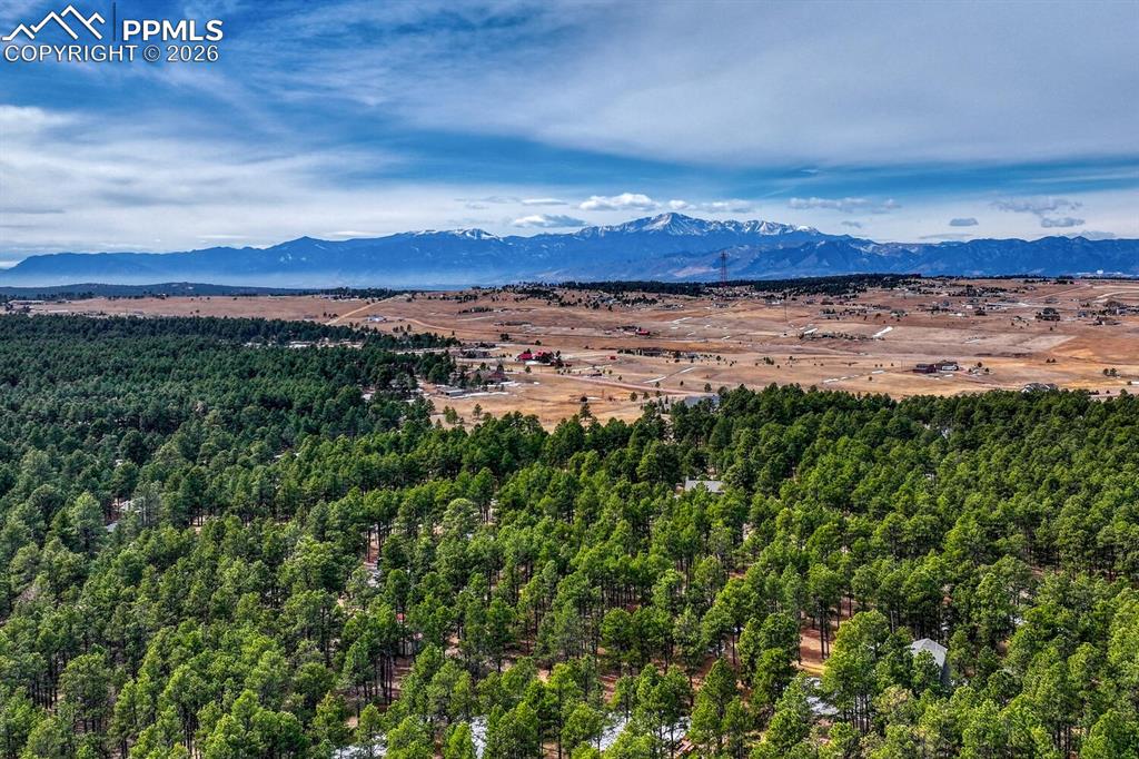Aerial view of neighborhood and mountain view.