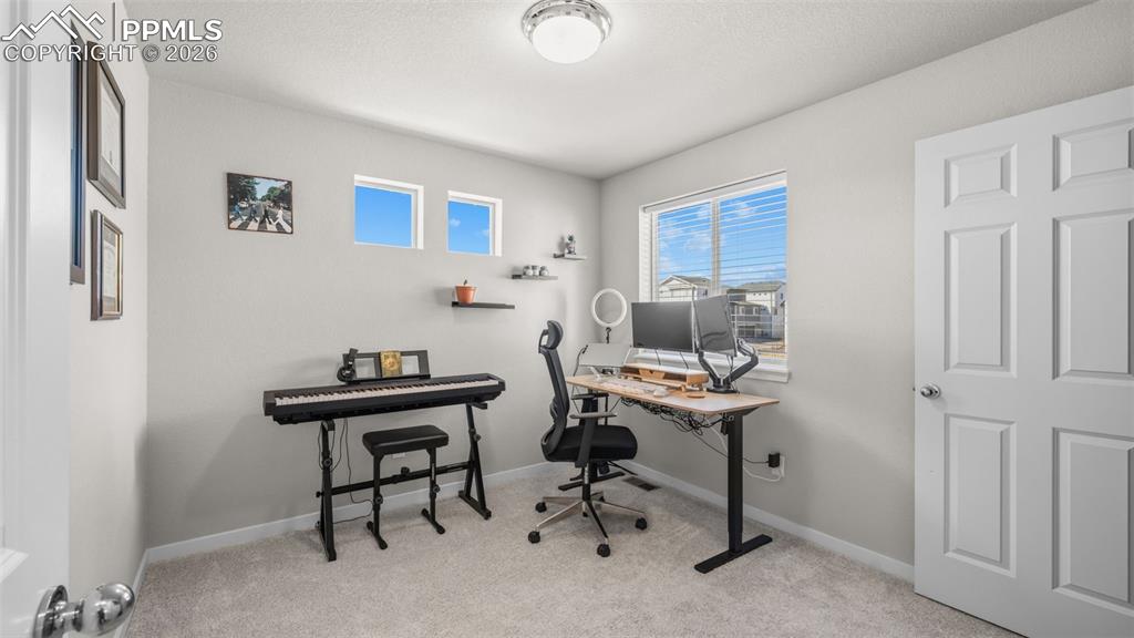 Office featuring light carpet