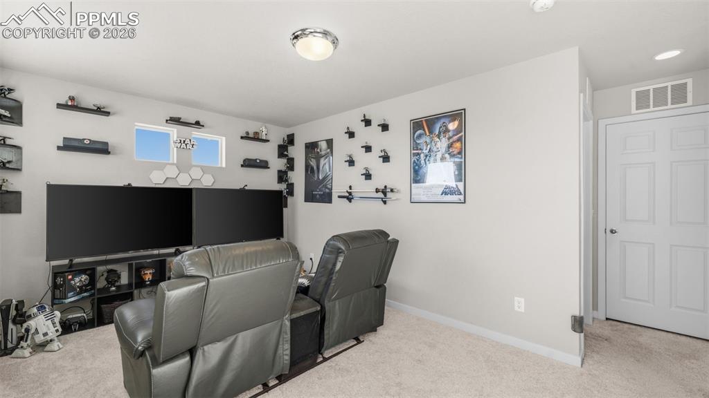 Cinema featuring light carpet and baseboards