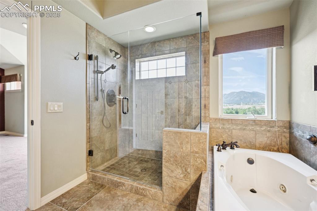 Full bathroom with a stall shower, a whirlpool tub, and a mountain view