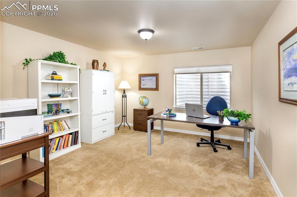 3rd bedroom being used as a secondary office with walk-in closet and custom shelving.