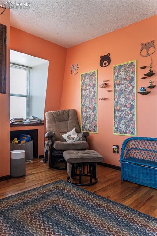Living area with wood finished floors and a textured ceiling