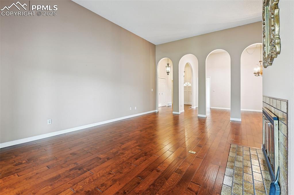 Grand living room with high ceilings.