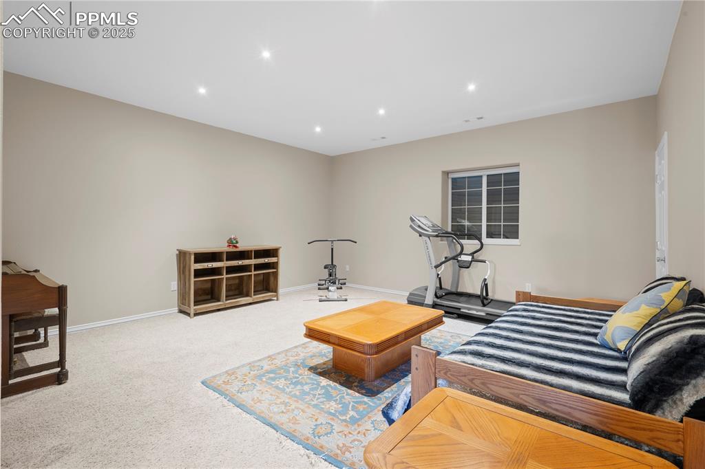 Living area with carpet and recessed lighting