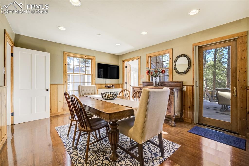 Dining room, with lovely wainscoting, walkout to back deck