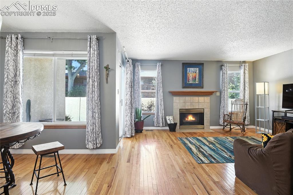 Living room featuring a textured ceiling, wood-type flooring, and a fireplace