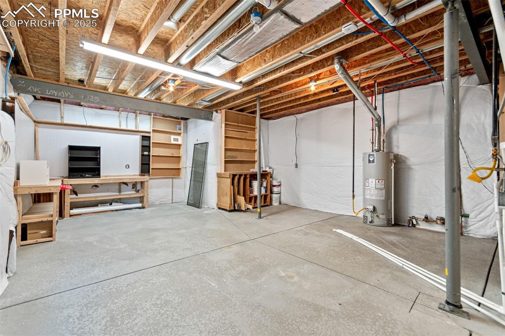 Unfinished basement space perfect for storage, gym, or shop.