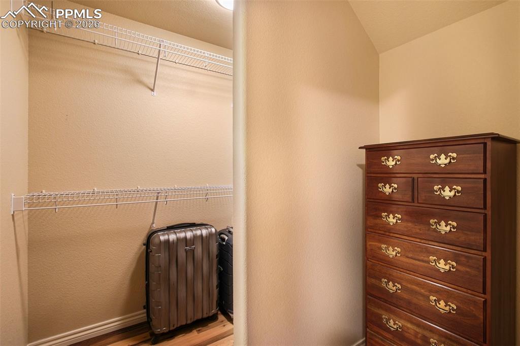 Walk in closet in secondary basement bedroom