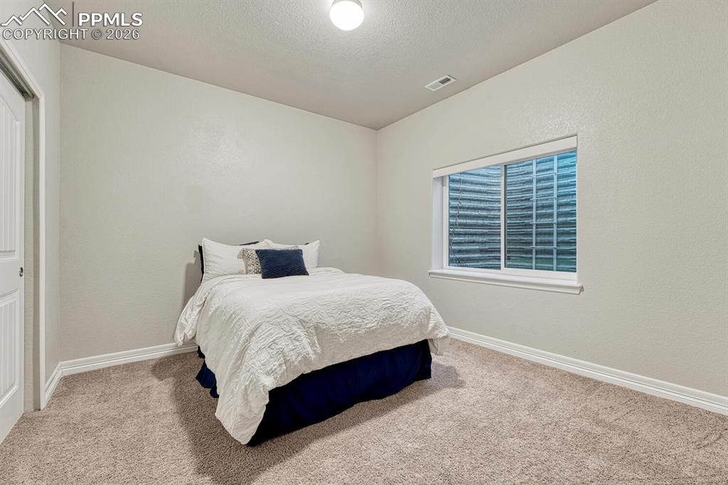 Carpeted bedroom with a textured ceiling and a closet