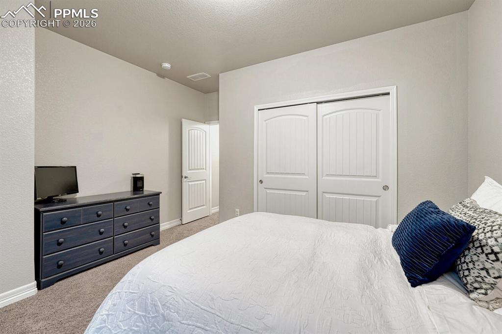 Bedroom featuring light colored carpet, a closet, and a textured ceiling