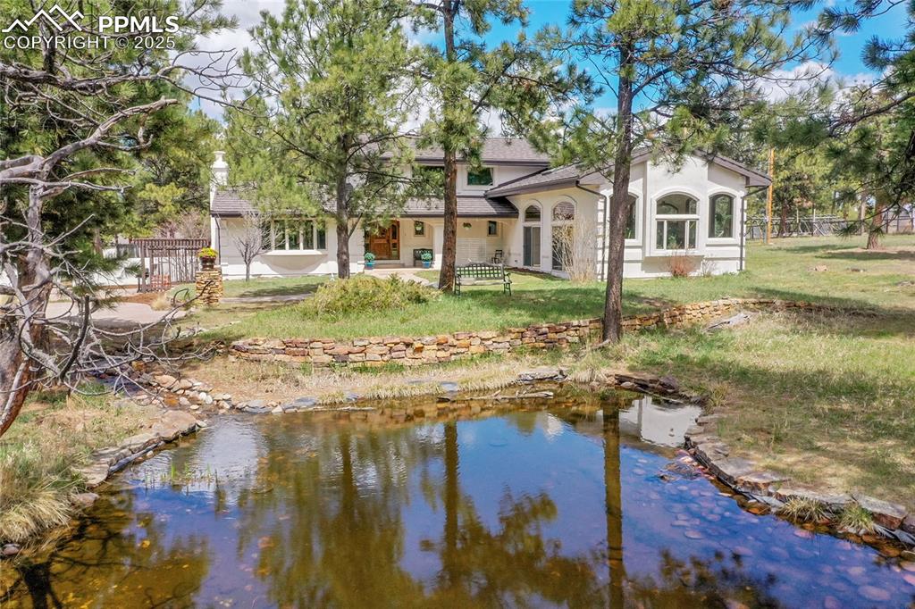 Home surrounded by towering pines