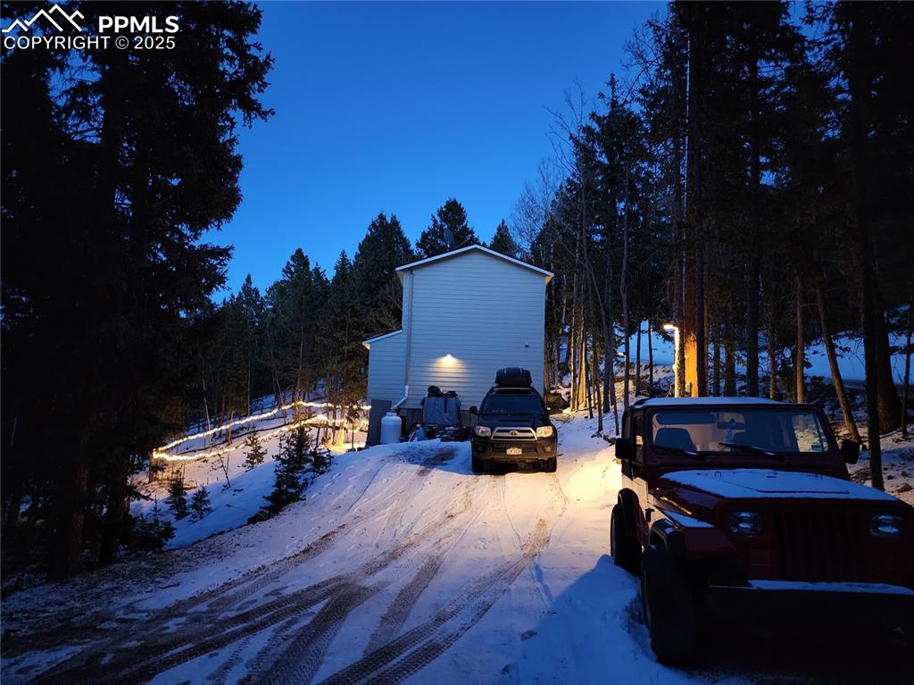 Snowy night view from the driveway.